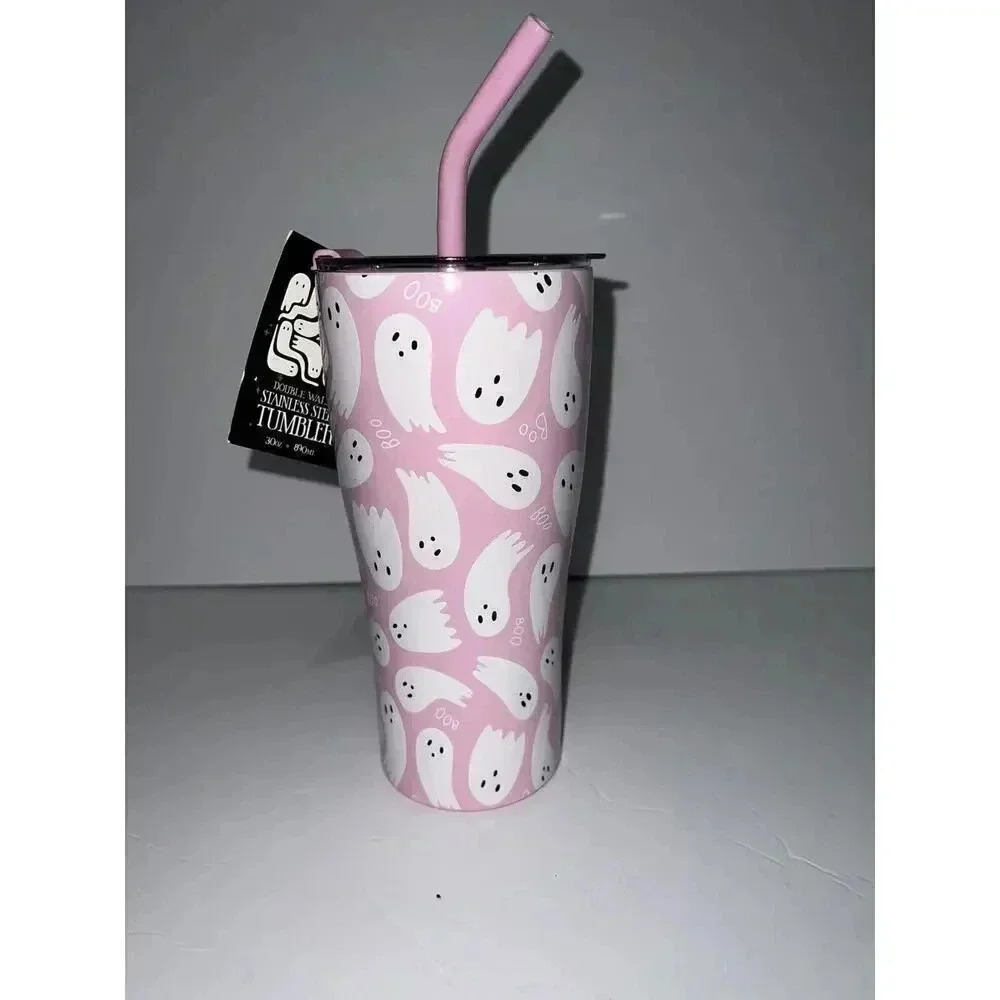 TK Maxx homesense PINK GHOST Stainless Steel Double Walled Tumbler Cup Halloween